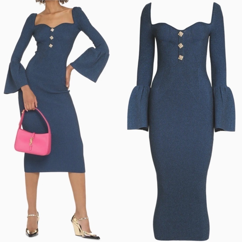 NEW! Self-Portrait- Dark Blue Lurex Knit Midi Dress Size XL Navy Long Sleeve